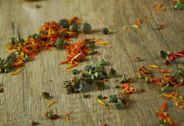 Oriental spices on a wooden board