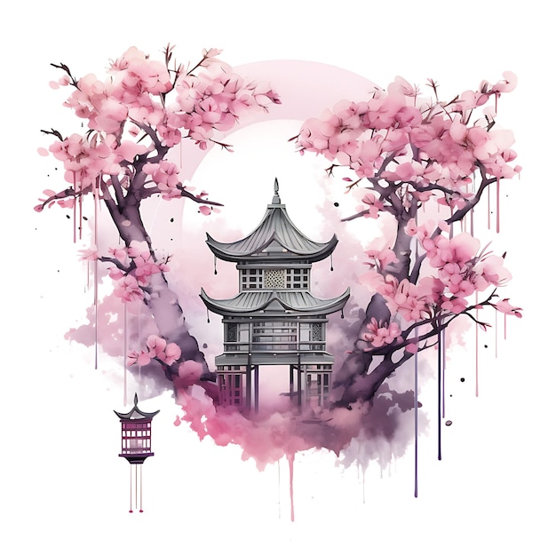 Oriental Starry Night Garden Cherry Blossom Trees Traditiona Cozy Watercolor Of Nature Decorative