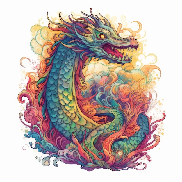 Foto stile orientale drago multicolore in fiamme