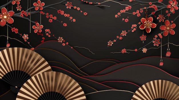 Foto un modello orientale con un disegno floreale e un disegno giapponese elementi moderni di fiori di ciliegio sono disposti in oro su uno sfondo dorato