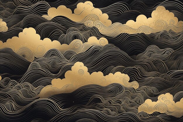 검은색과 금색의 소용돌이 파도 패턴과 산의 구름으로 동양 벽지