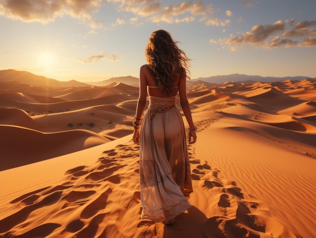 oriental woman walks in the dune desert Generative AI