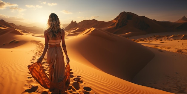 동양 여성이 모래 언덕 사막을 고 있습니다.