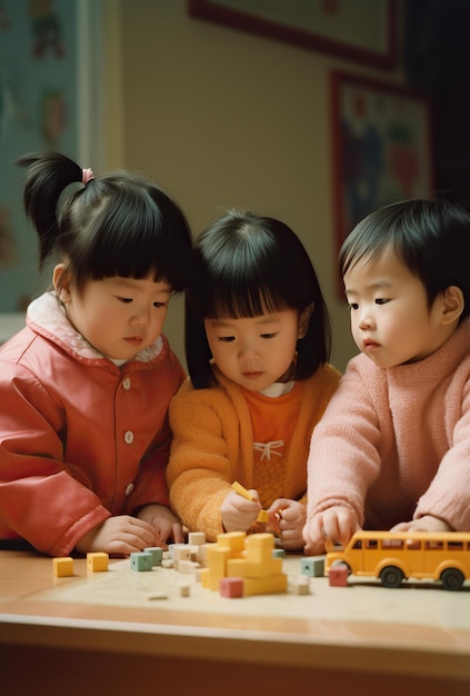 東洋の子供たちが幼稚園で遊んでいます