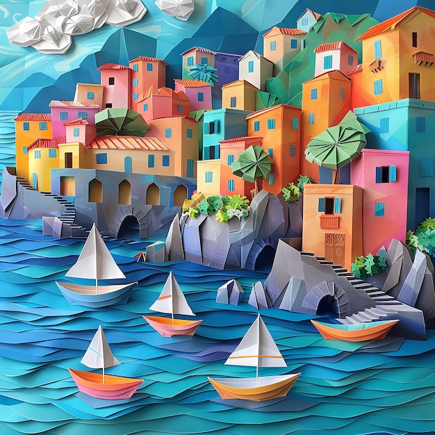 Origami Amalfi Coast Seaside Village Scene