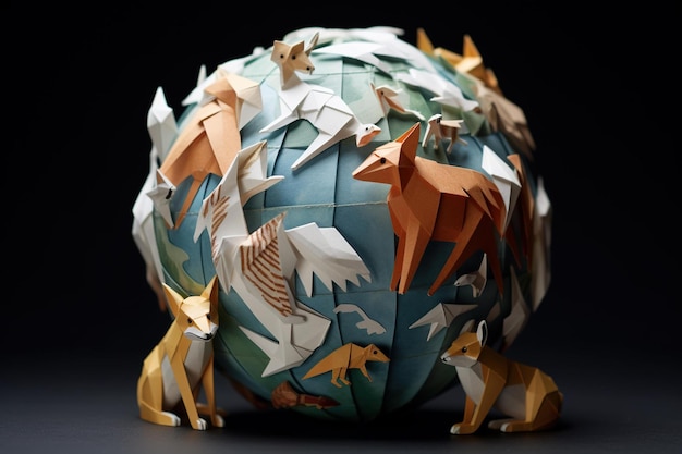 Origami animals arranged in a circle around a globe