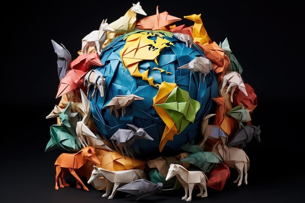 Origami animals arranged in a circle around a globe