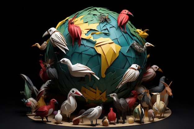 Origami animals arranged in a circle around a globe