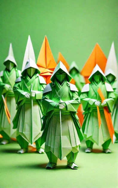 Фото Оригами фона группы зеленых японских воинов с белыми и оранжевыми деталями на гре