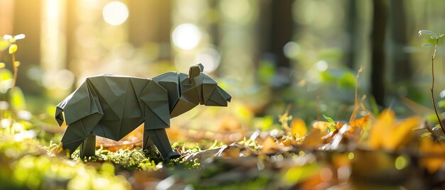 Foto origami beer in het bos natuurlijk licht bos vloer softfocus achtergrond alert staan