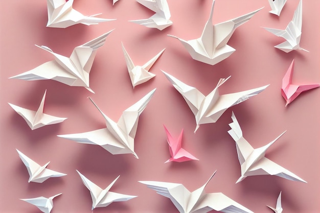 Птицы оригами летают над головой, вид сверху Белые птицы оригами изолированы на розовом фоне.
