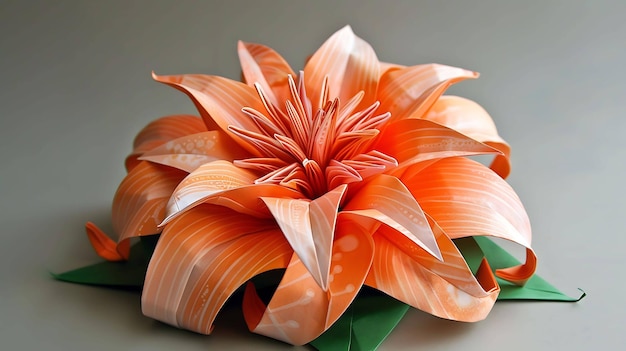 Origami bloem gemaakt van oranje papier De bloem heeft zes bloemblaadjes en een groene stengel
