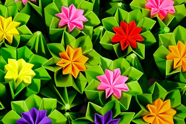 Origami bunch of various flowers close up background