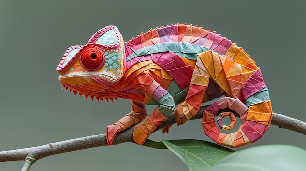 Origami chameleon zit op een tak origami dieren AI Generatieve
