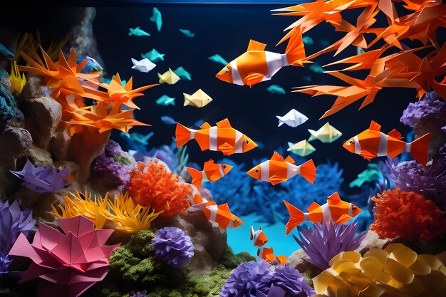 Foto pesce pagliaccio origami che nuota con grazia