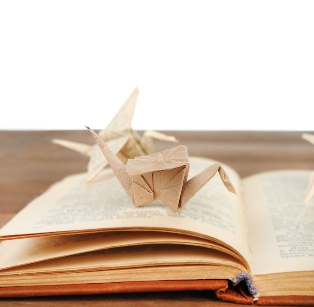 Origami cranes on old book on wooden table, on white