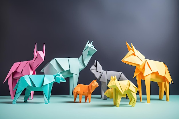 Origami dieren in levendige kleuren en speelse poses op een lichte neutrale achtergrond