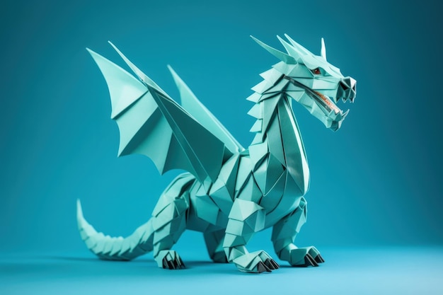 Origami dragon symbolising New Years renewal isolated on a cerulean gradient background