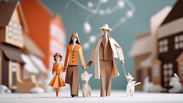 Origami-familie die op straat loopt