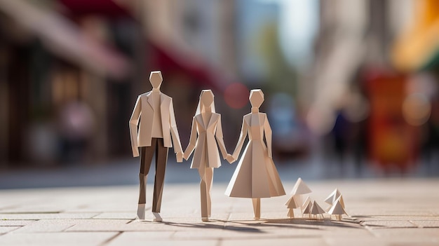 Origami-familie die op straat loopt