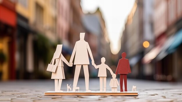 Origami-familie die op straat loopt