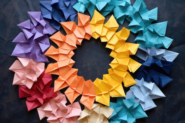 Foto figure origami realizzate con carta colorata disposte secondo uno schema circolare