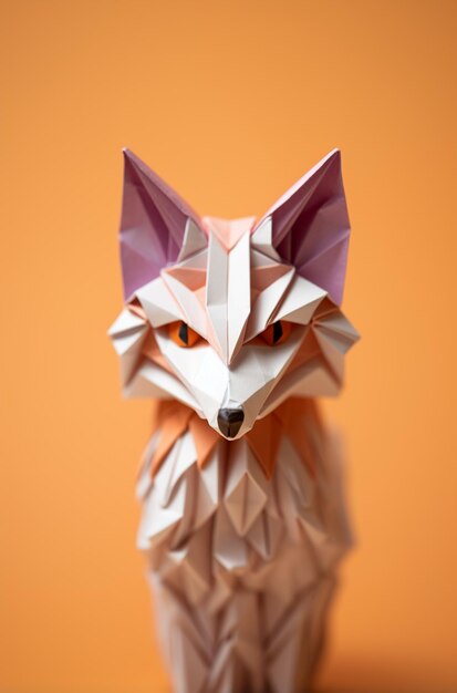 an origami fox with red and white colors in the style of closeup shots light violet and dark