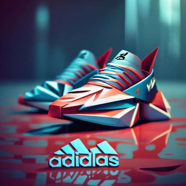 Origami futuristic adidas shoes with dark blue background text adidas