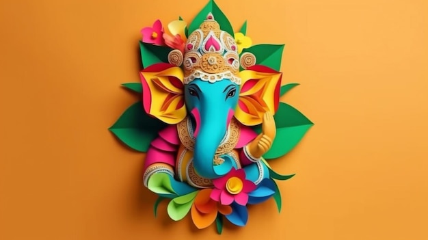 Photo origami of the hindu god ganesh with bright flowers generative ai