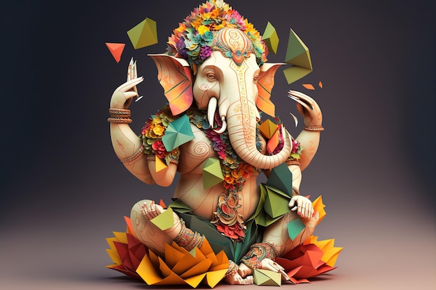 Origami of indian god ganesh in colorful flowers craft