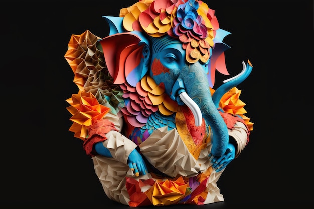 Origami of Indian God Ganesh in colorful flowers craft