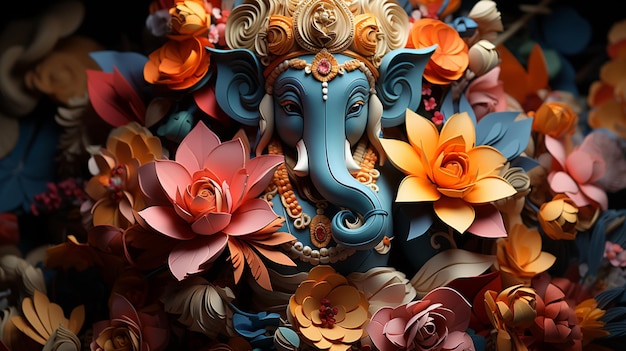 Photo origami of indian god ganesh in colorful flowers craft