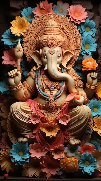 Photo the origami of the indian god ganesha contains colorful flower crafts