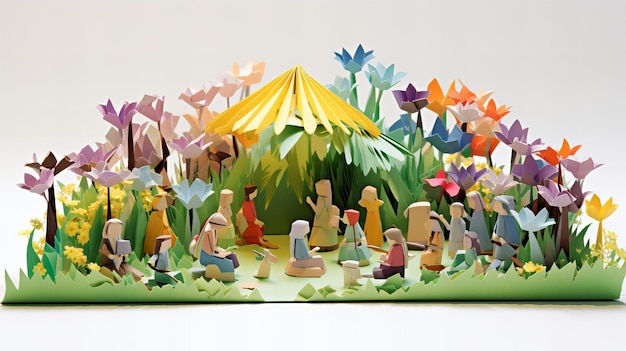 Origami Meadow Delight Children and Rainbow in a Paper Wonderland