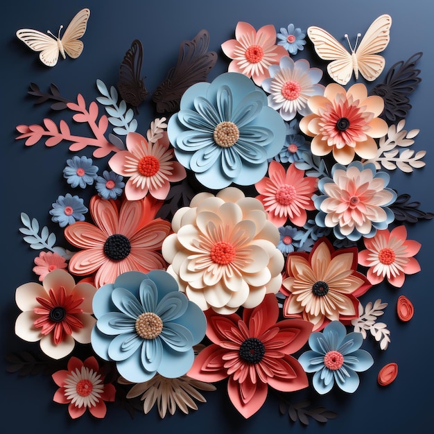 Origami paper flowers with butterflies Generative AI