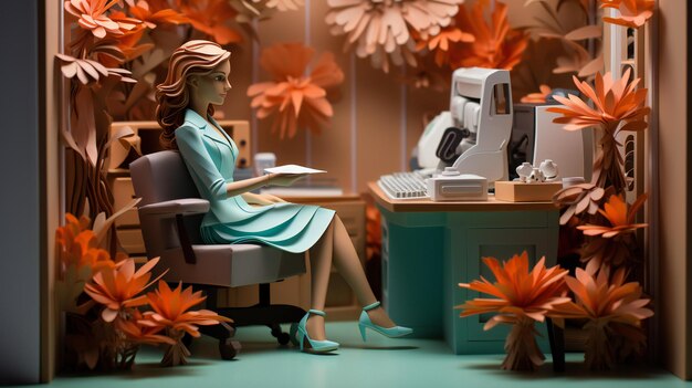 Origami paper model of office worker video conferencing with remote colleague paper quilling style