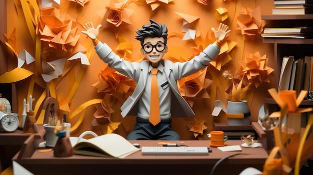Бумажная модель оригами видеоконференции офисного работника с удаленным коллегой в стиле бумажного квиллинга