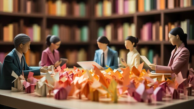 Photo origami paper model of office worker video conferencing with remote colleague paper quilling style