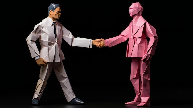 2人のビジネスマンが握手しているオリガミ紙のモデル
