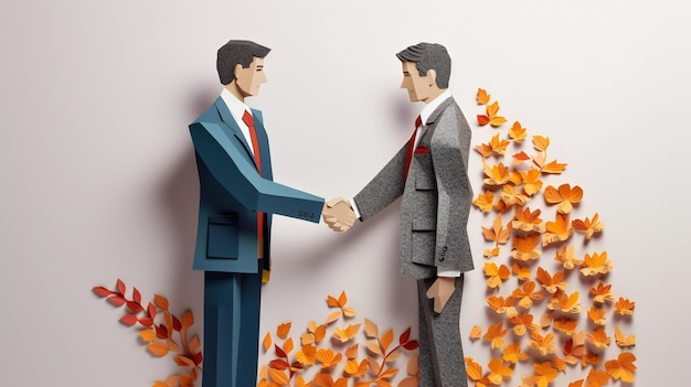 Origami-papiermodel van twee zakenlieden die elkaar de hand schudden