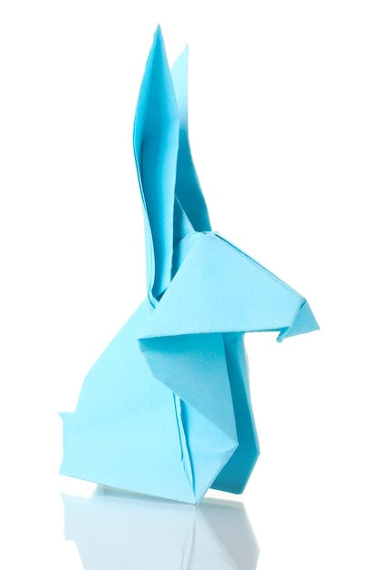 Photo origami rabbit out of the blue paper isolated on white