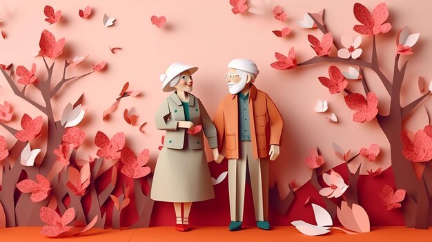 Origami spring background joyful elderly happy couple Generative AI