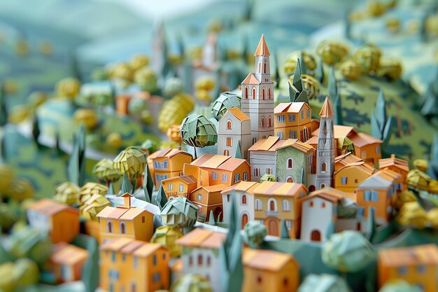 Origami Umbria Medieval Hill Town Scene