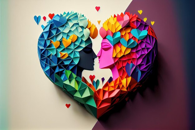 Origami valentine day background happy couple colorful paper\
cut craft 3d paper style neural network generated art digitally\
generated image not based on any actual scene or pattern