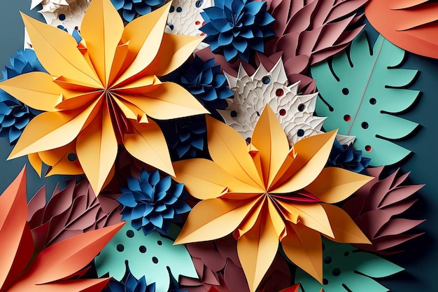 Origami van d rendering papieren bloemen met kleurrijke bloemblaadjes en bladeren generatieve ai