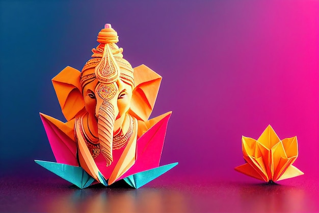 Foto origami van indische god ganesh in kleurrijke bloemenambacht