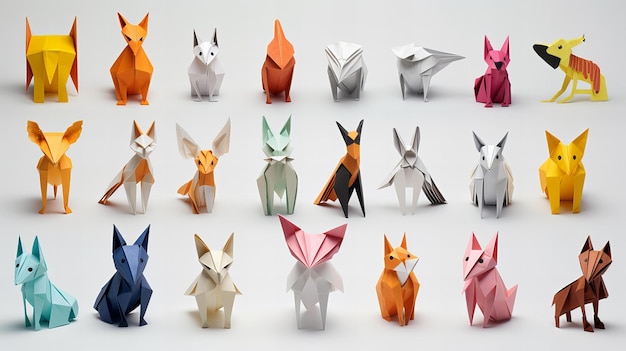 Foto origami verzameling dierenmodellen in een raster