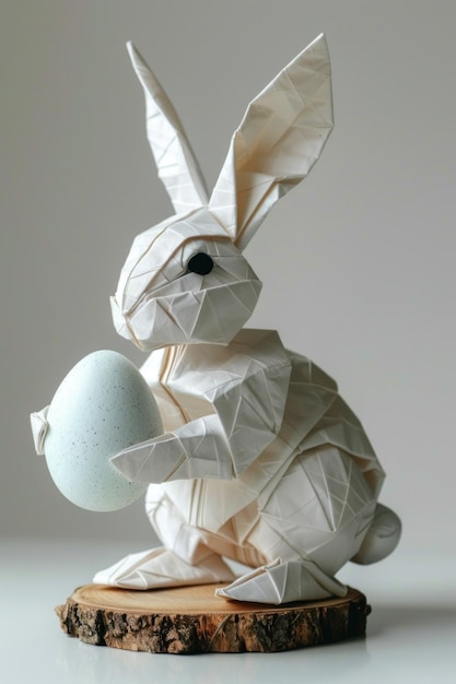 Photo origami white bunny with easter egg