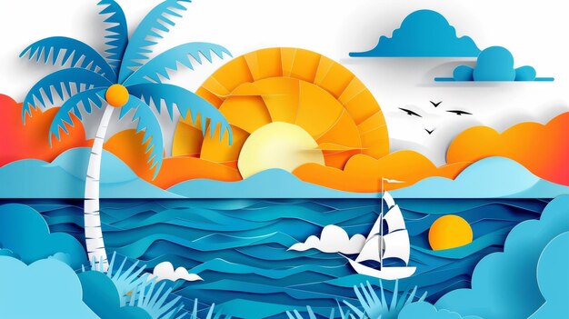 Photo an origami world with cutting birds ships palm trees clouds and sun cutout made template with elements and symbols vector illustrations art design for banners cards posters