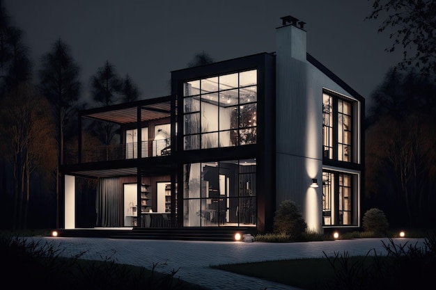 Original architectural project modern house in light and dark tones exterior of a classic house at night